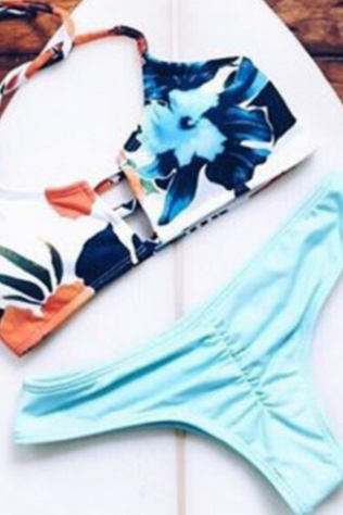 hot two piece print blue white flower bikinis