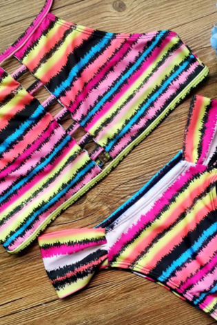 Fashion Colorful Bellyband Rainbow Print Two Piece Bikinis