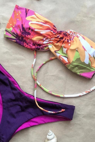 Cross Print Purple Flower Strapless Bikinis Two Piece Suit