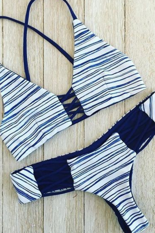 Blue Stripe Hollow Two Piece Bikinis Swimwear