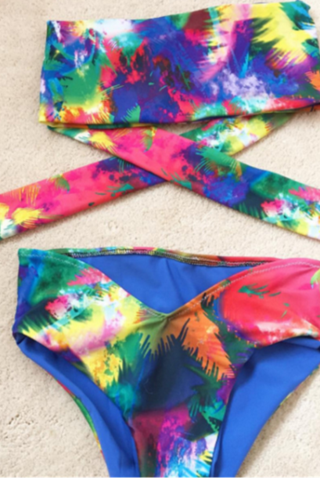 Fashion Print Colorful Strapless Cross Two Piece Bikinis Swimwear Bathsuit 2016 Style