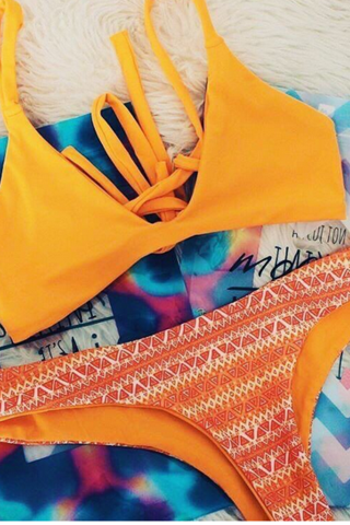 Fashion Two Piece Two Ways Wear Orange V Swimwear Bathsuit