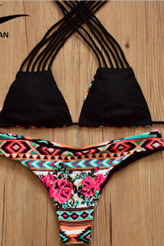 Cute Geometric Polyline Rose Colorful Two Sides Wear Print Bikini Swimwear Bathsuit