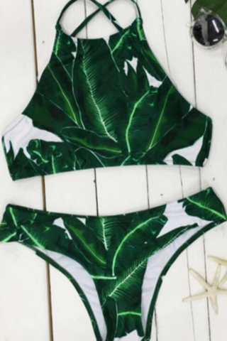 Halter Neck Green Leaf Two Piece Bikini