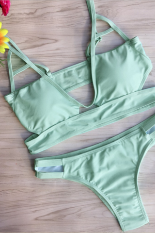 Sexy A Letter Straps Chest Holes Light Green Two Piece Bikini