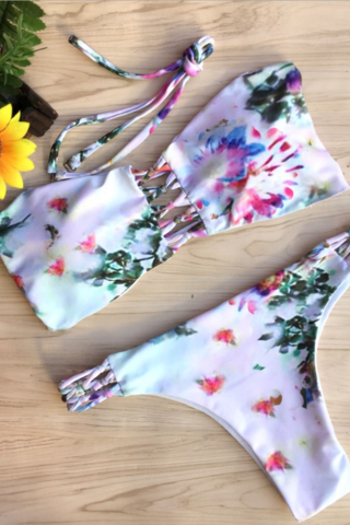 Style Flowers Strapless Chesrt Hollow Cross Floral Printing Bikini Sexy Swimsuit