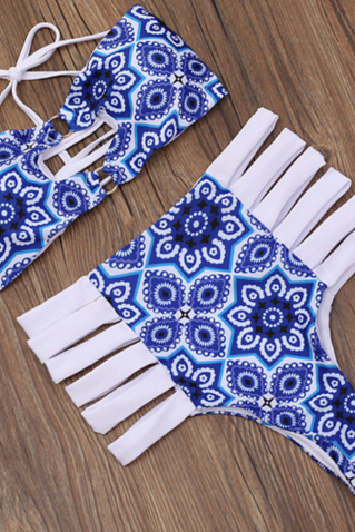 Fashion Blue Print High Waist Sides Wear Two Piece Bikini