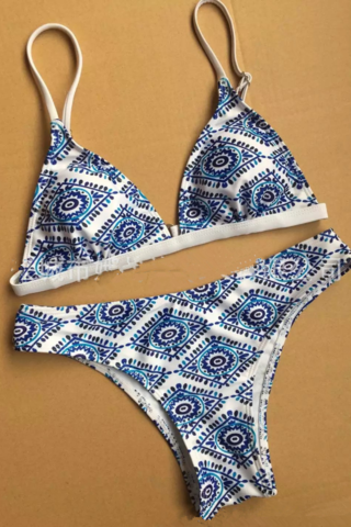 Sexy Light Blue Geometric Print Two Piece White Edge Bikini