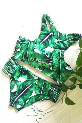 Swimsuit Summer Beach Sexy Leaf Print Green Bikini