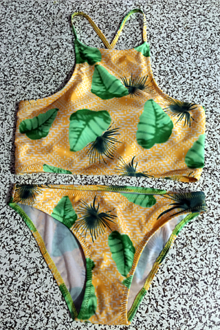 Fashion Sexy Green Leaf Handing Neck Two Piece Bikini