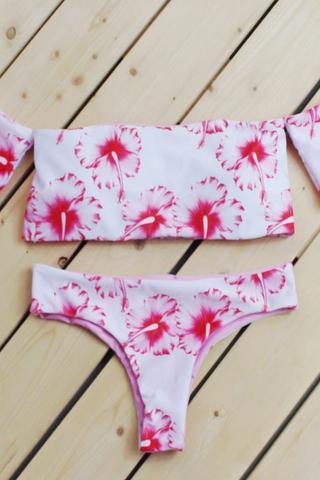 Red Off-Shoulder Tropical Hibiscus Floral Print Bikini