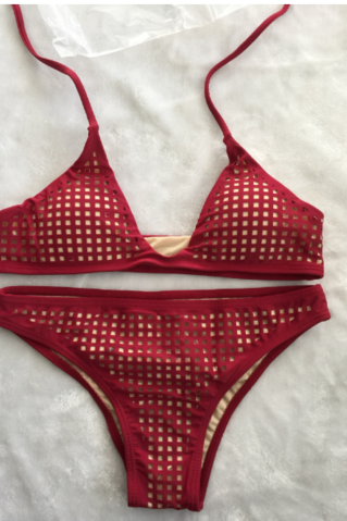 Women Straps With Mesh Bikini Red Two Piece Bikini