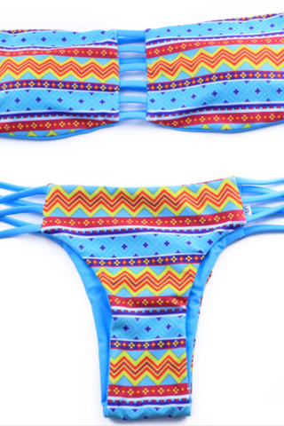Fashion Blue Wave Line Print Chest Hollow Back And Bottom Polyline Two Piece Bikini