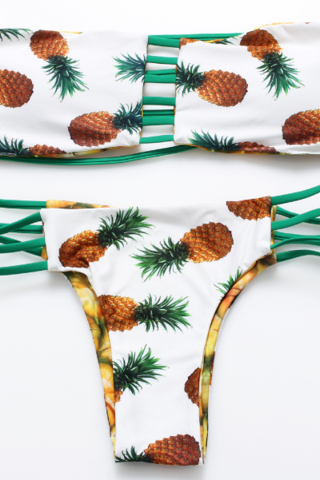 Fashion pineapple print strapless chest hollow back and two sides wear polyline two piece bikini
