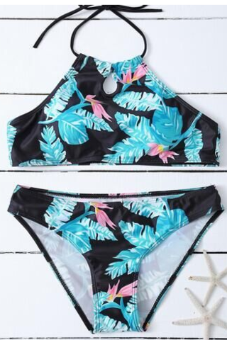 Sexy Background Black With Green Leaf Print Chest Holes High Neck Two Piece Bikini