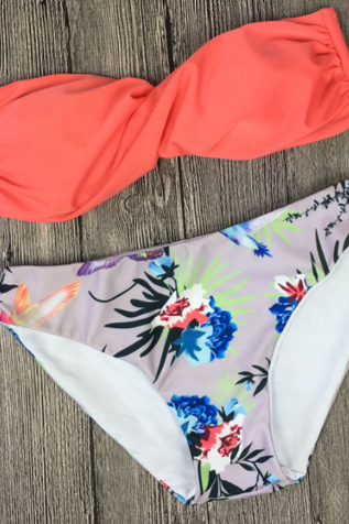 Red Strapless And Print Bottom Two Piece Bikini Sets