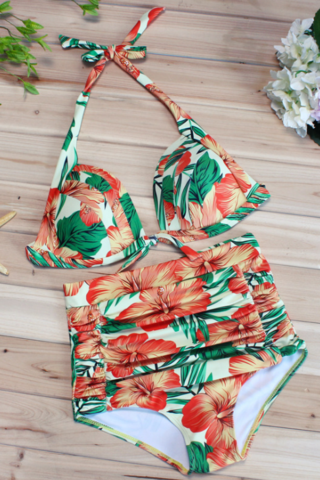 Plus Size Fashion Orange Green Print Halter High Waist Two Piece Bikini