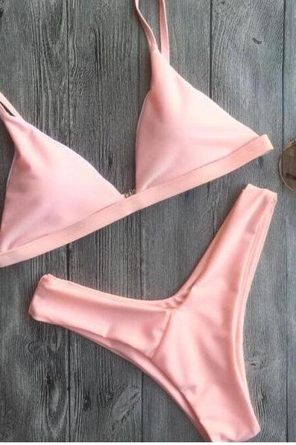 Sexy Fresh Pink V Collar Two Piece Bikini