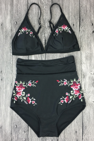 High Waisted Featuring Rose Embroidered Details And Tiny Square Cutouts
