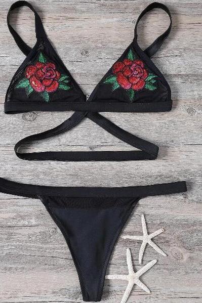 Black Two Rose Print Two Piece Bikini