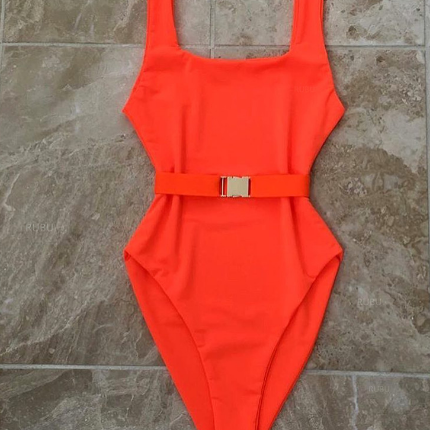 Square Neck One-Piece Swimsuit Featuring Belt on Luulla