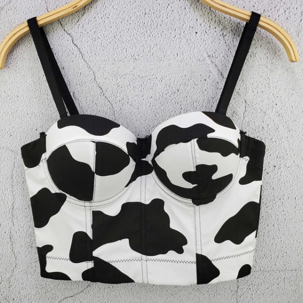 Cow print cotton printed small suspender vest French cute gathered to show thin elastic top trend