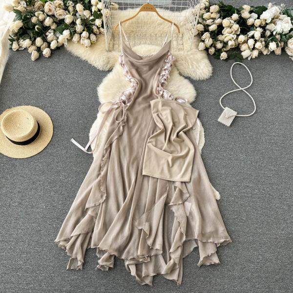 Design Sense Lace Ruffle Edge Sense Fairy Dress Women's Waist Irregular Dress