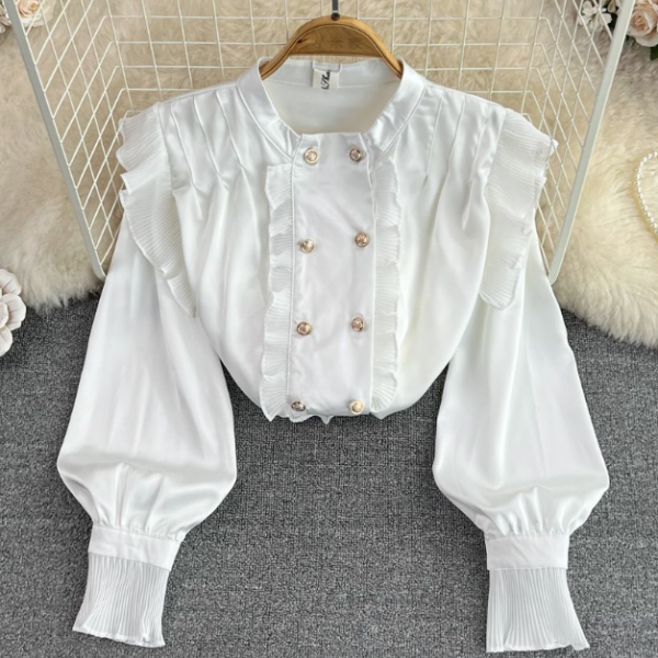 Vintage style double breasted ruffled style standing collar white shirt casual puffy sleeve loose top