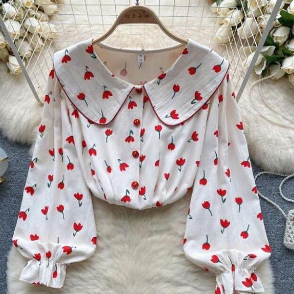 Vintage romantic advanced sense doll collar floral shirt women's autumn loose design puffy sleeve top