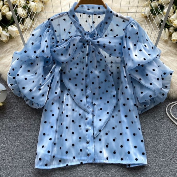 Bubble sleeve tie with bow polka dot shirt women's summer thin perspective loose and thin chiffon blue