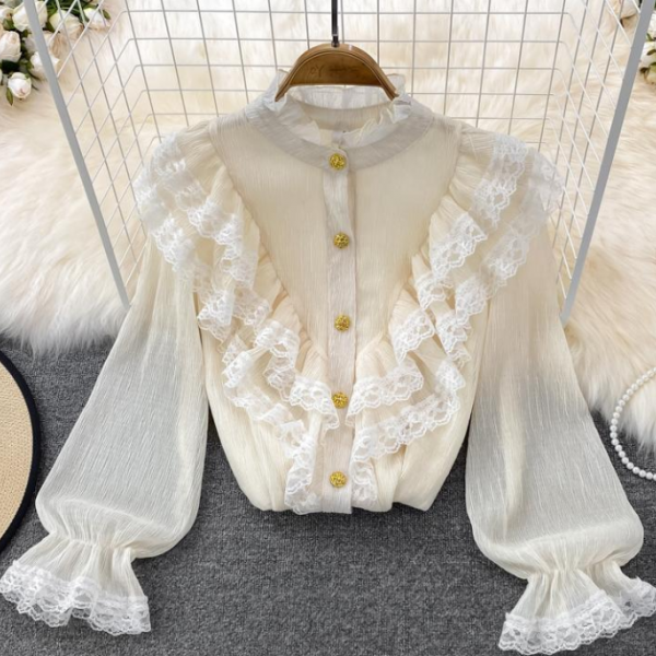 Stand collar lace lace flared sleeve chiffon shirt Spring autumn long sleeve loose ruffled style chic top