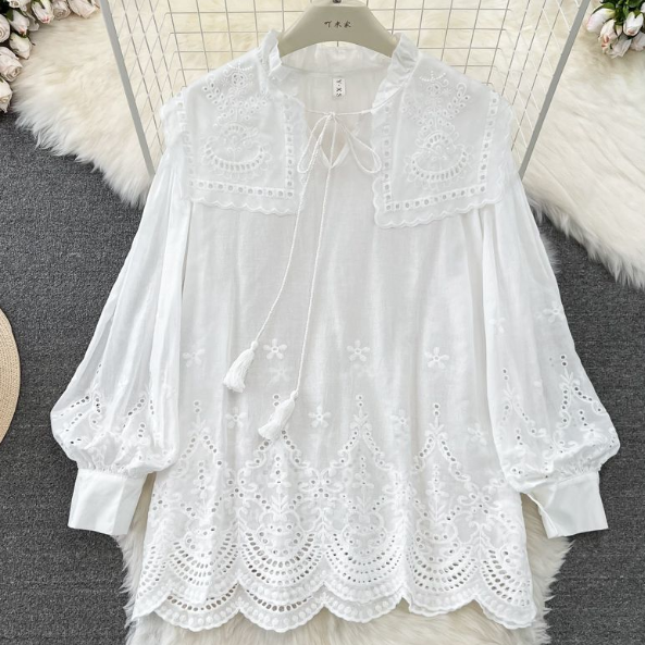 Seaside holiday style white hollowed-out embroidery tassel doll collar shirt women's casual loose top