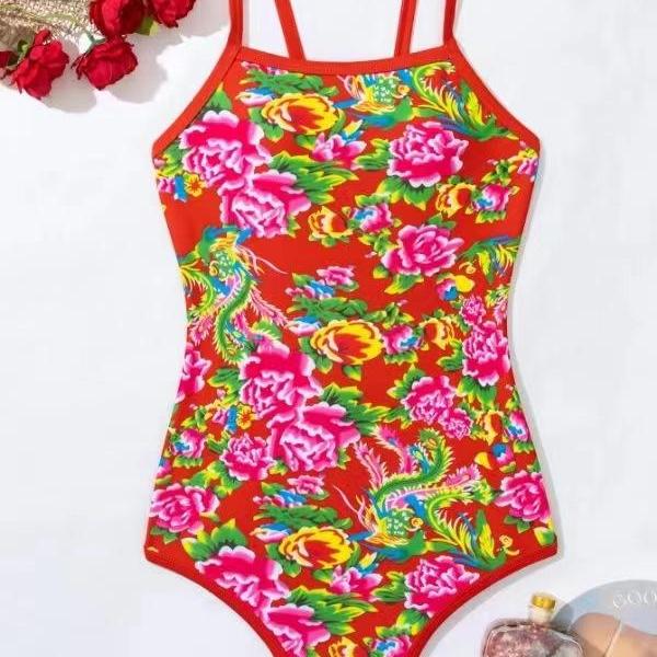 One-piece swimsuit for women retro Northeast big flower slimming fashion swimsuit