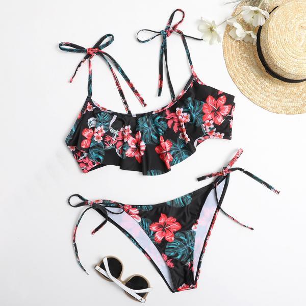 Cute black floral two pieces bikinis swimwear bathsuit