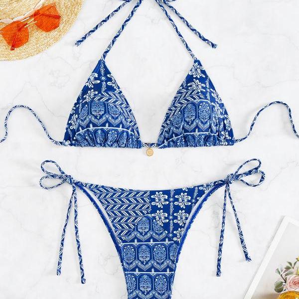Printed lace up sexy blue totem geometry bikini split swimsuit swimwear swimsuit