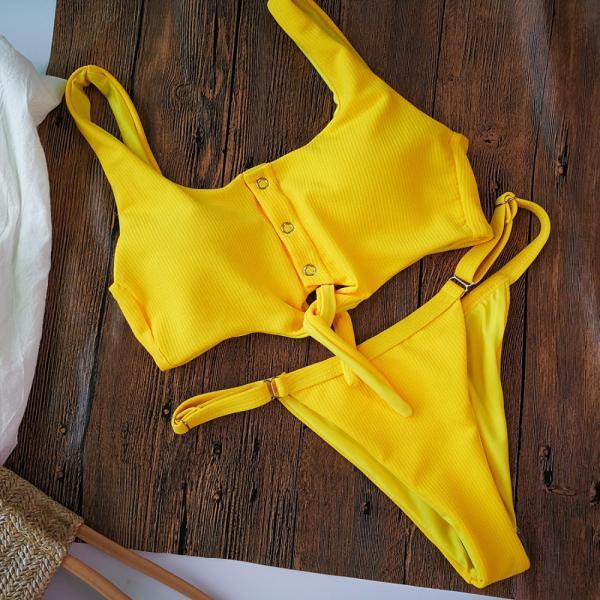 Sexy special fabric yellow soft and comfortable handcrafted button up bikini on the chest swimwear bathsuit