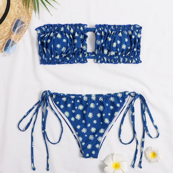 Sexy split body swimsuit floral lace up swimwear blue bikini