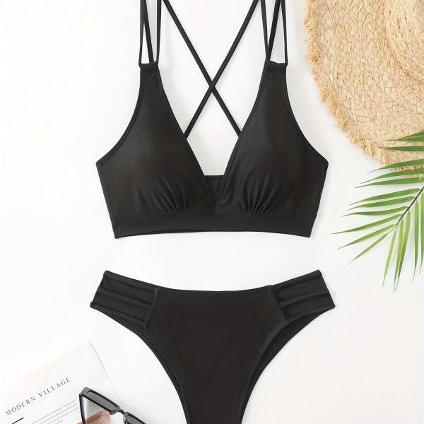 Black hollow out two pieces swimwear bathsuit bikinis swimsuit