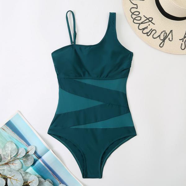New patchwork mesh one piece swimsuit for women with thin straps and sloping shoulders, conservative bikini