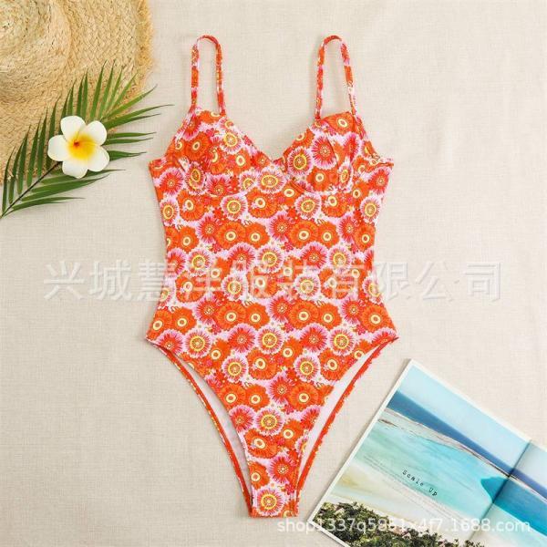 Women's floral one piece swimsuit with steel support strap, low cut, small and fresh