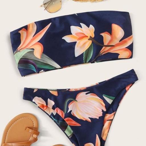 New printed strapless double-sided split bikini swimsuit