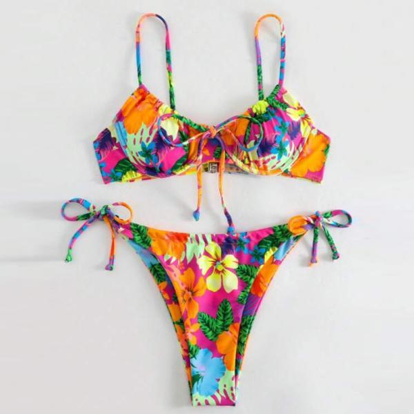 Printed lace up split sexy bikini swimsuit for women floral swimwear bathsuit bikini