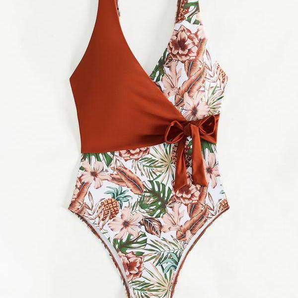 Tropical plant print color blocking bikini jumpsuit
