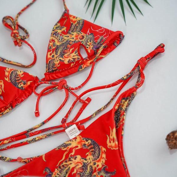 Tight and sexy bikini set with chest pad red print dragon bikini