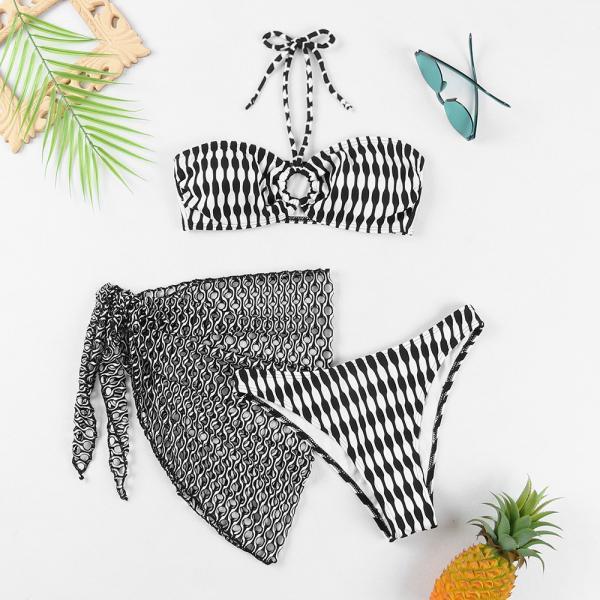 New swimsuit women's special fabric dual color fabric swimsuit special mesh three piece set bikini