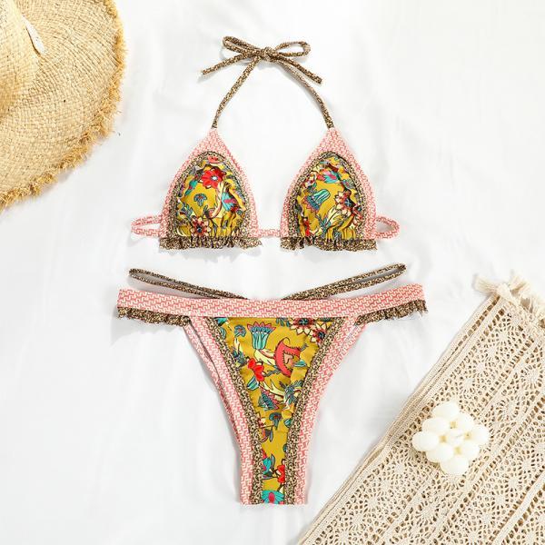 Strap split swimsuit women's sexy patchwork backless print bikini new color