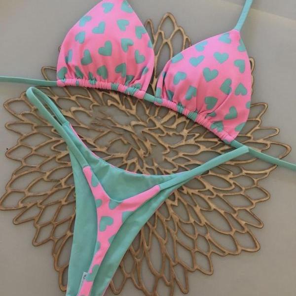 Pink heart two pieces bikinis