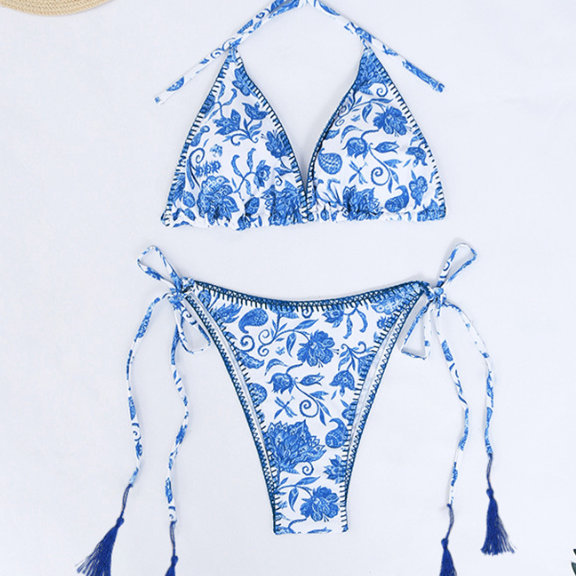 Printed lace up sexy bikini blue totem bikini blue and white porcelain swimwear bathsuit