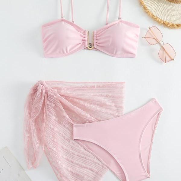 Cute pink three pieces swimwear bathsuit bikini