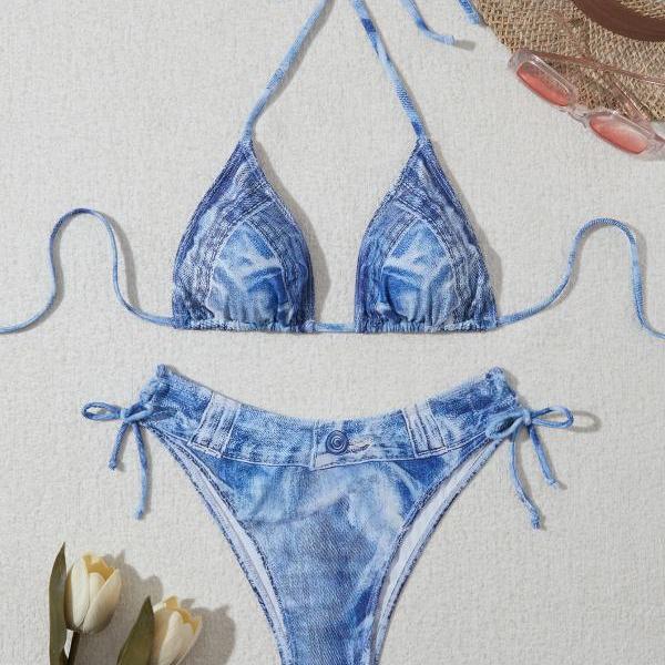 Denim printed bikini set with sexy straps two pieces bikini